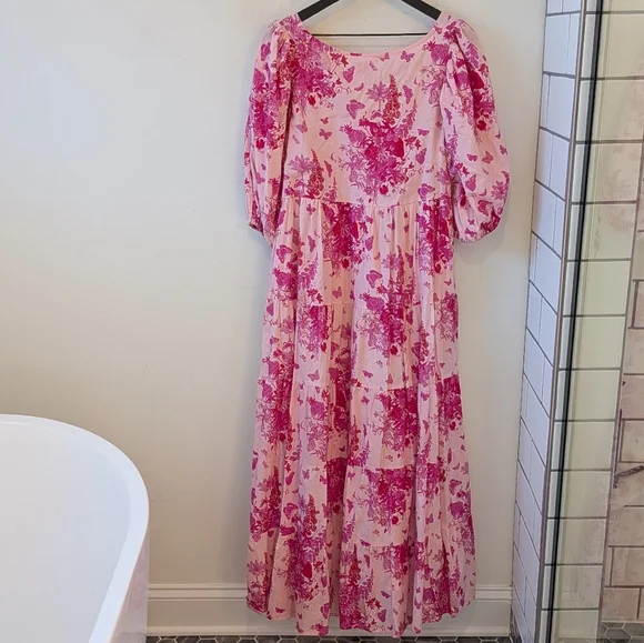 Victoria Dunn Women's Pink Floral Cottagecore Puff Sleeve Maxi Dress Medium - Picture 4 of 6